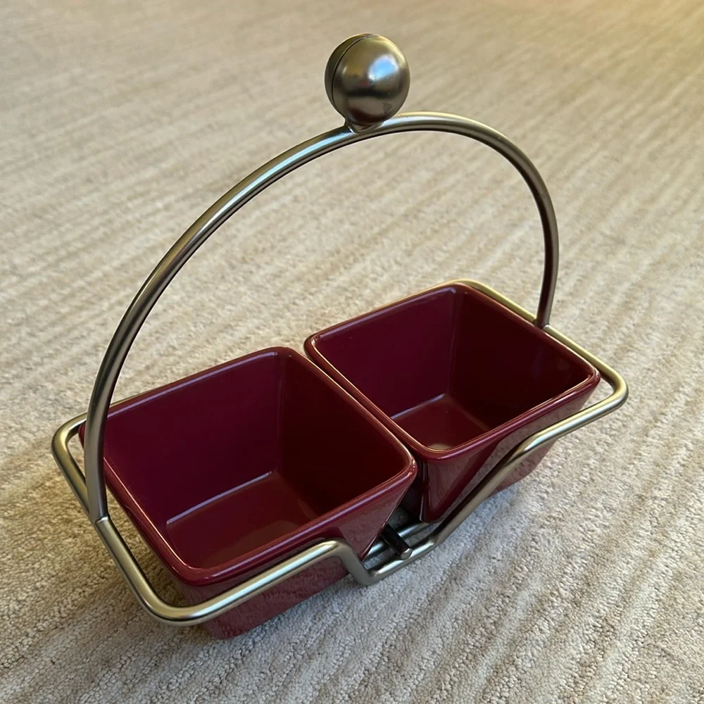 PAMPERED CHEF Simple Additions Silver Caddy w/ 2 Square Cranberry Bowls